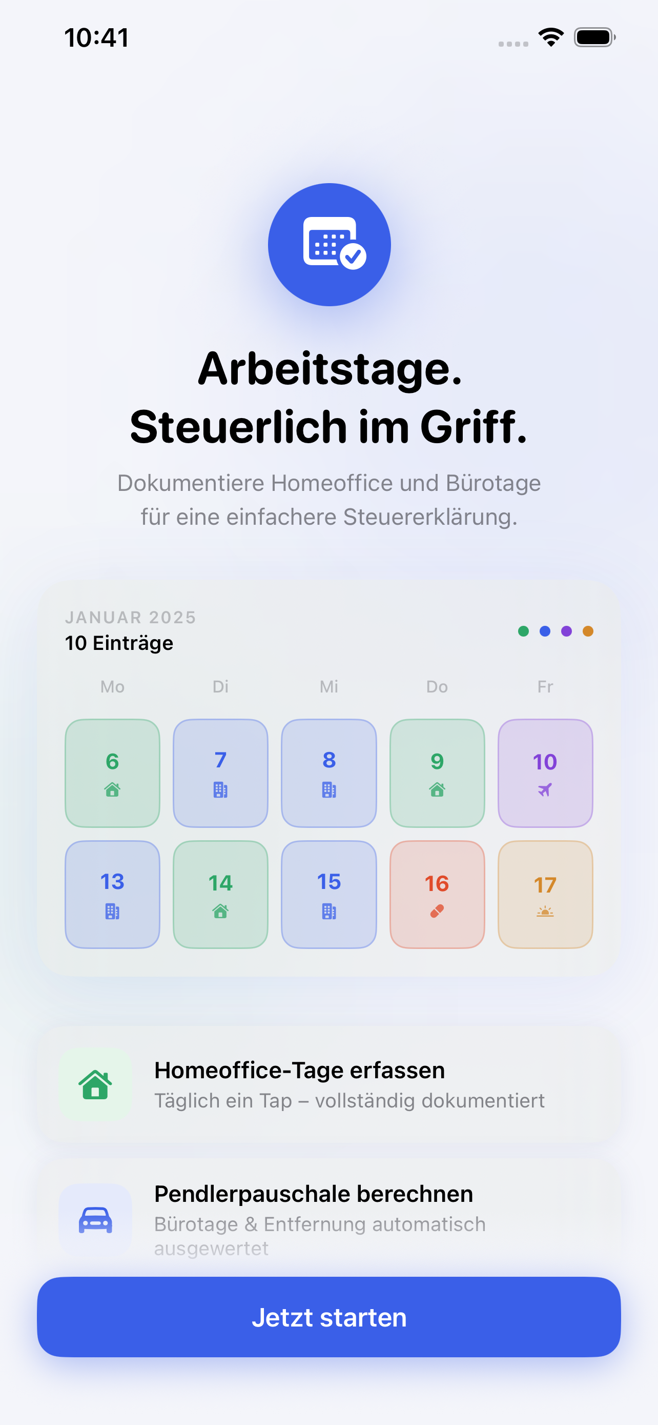 Office Check App – Welcome screen with calendar overview