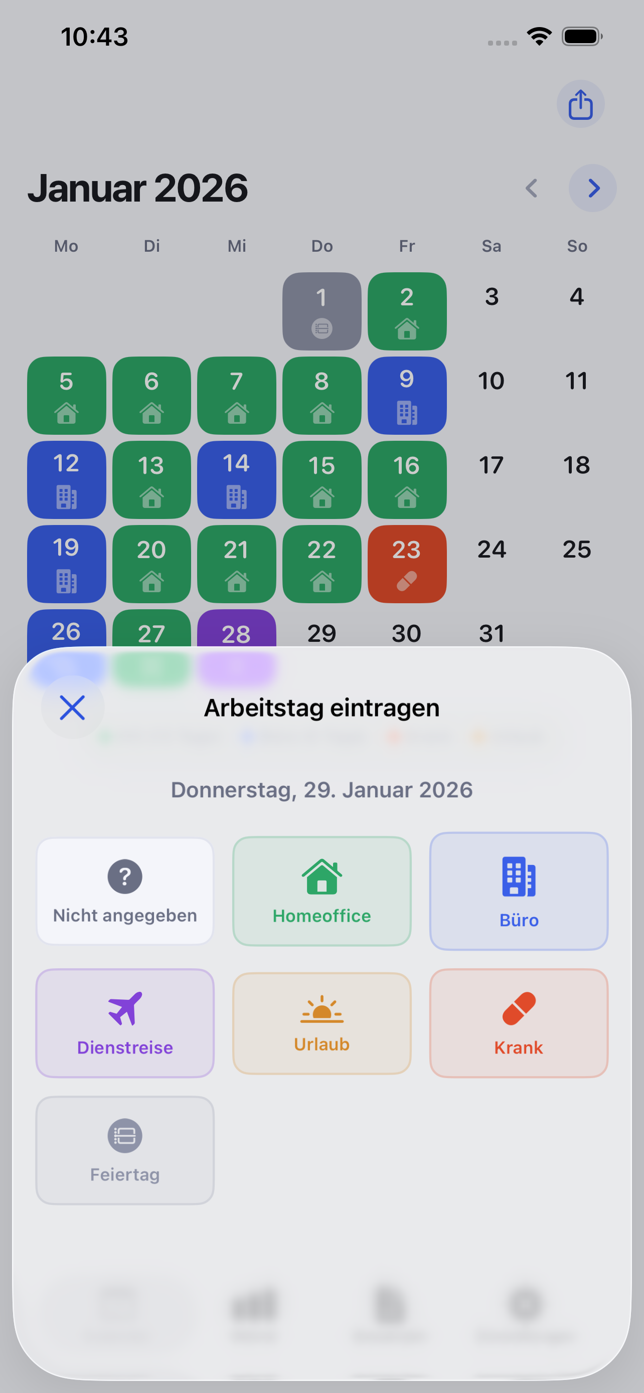 Office Check calendar view with day entry modal