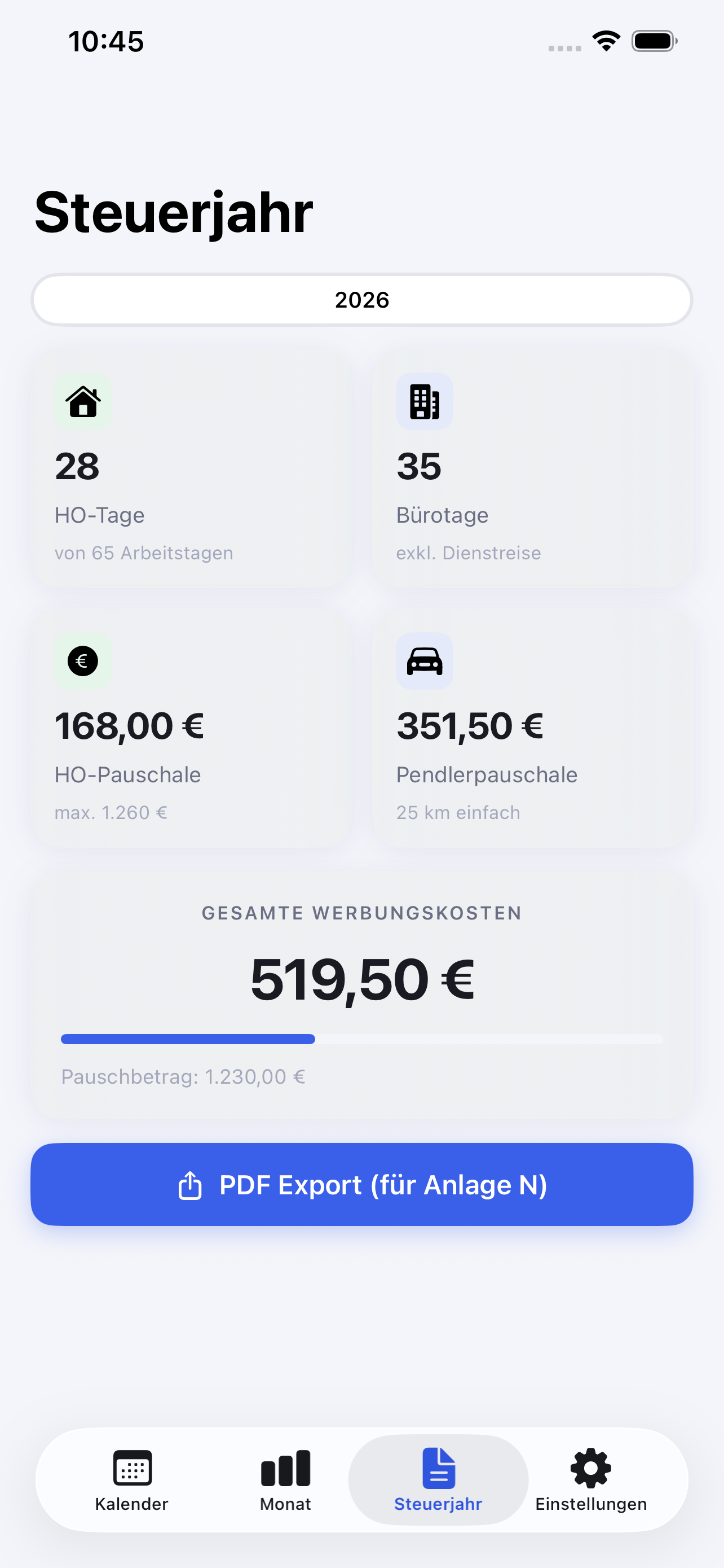 Office Check tax year summary with total deductions and PDF export