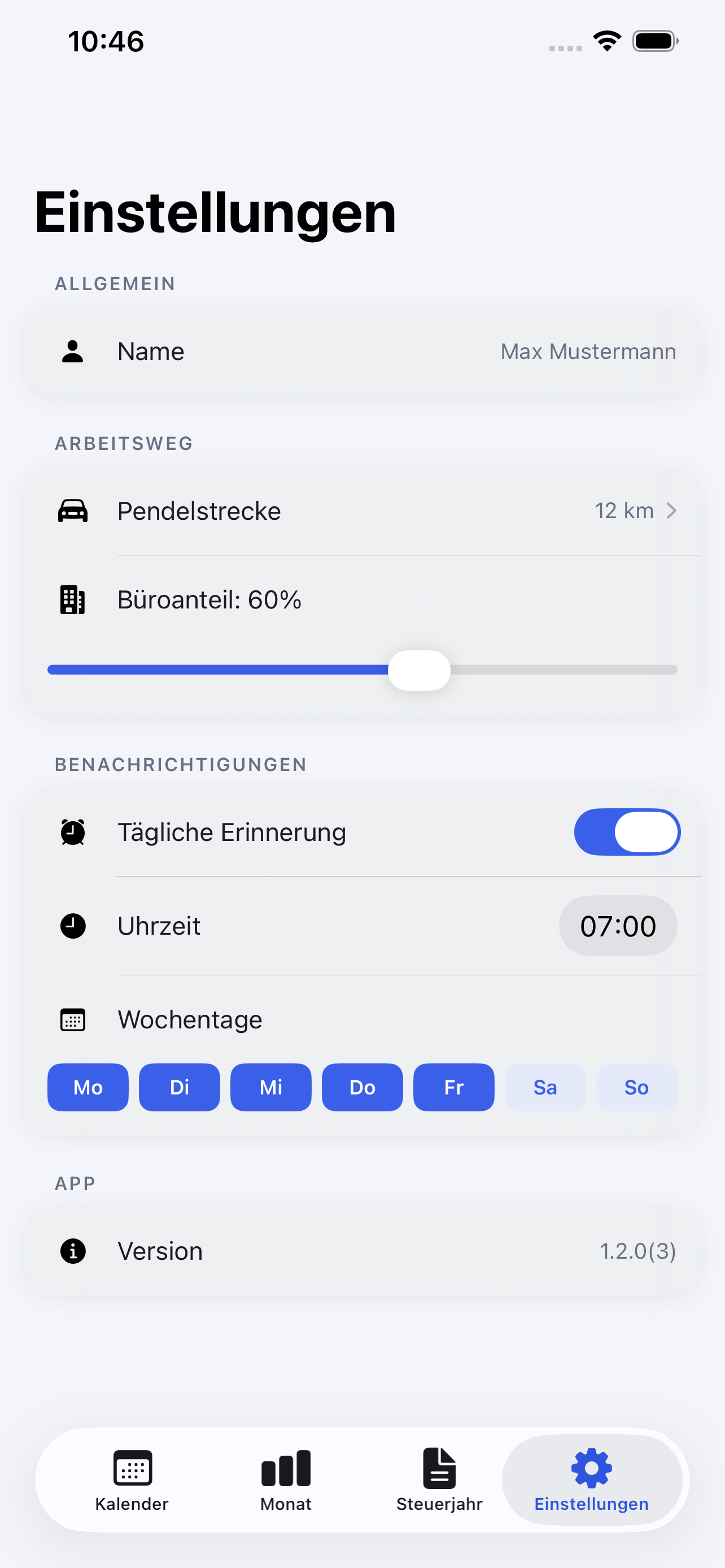 Office Check – App settings with reminder feature